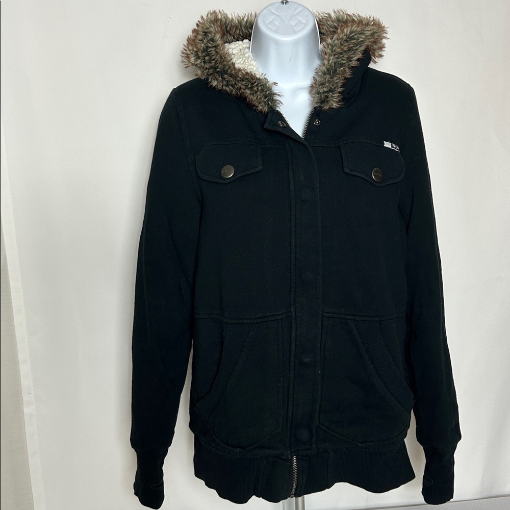 Roxy Women’s Size Medium Black Hooded Full Front Zip Faux Fur Trim Jacket